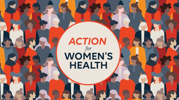 Cartoon images of the silhouettes of women from various backgrounds and a large circle logo in the center with the words "Action for Women's Health"