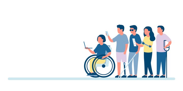 Illustrated image of a group of disabled people holding laptops, clipboards, and other work tools.